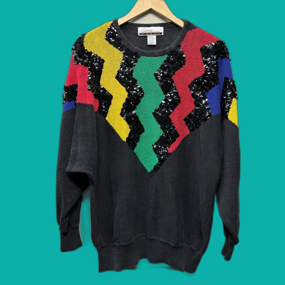 Vtg 80s Diana Marco Sequin Geometric Black Knit Sweater Womens 42/22w